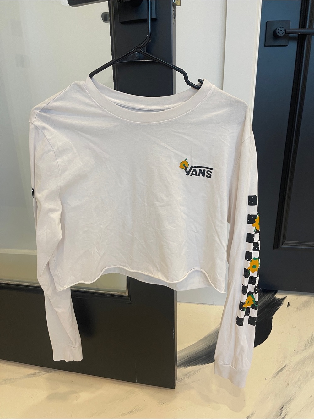 Vans White Cropped Long-Sleeve Tee with Checker Sunflower Sleeve